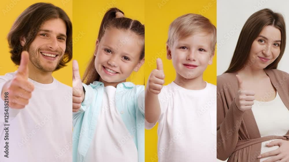 A diverse collection of individuals, including adults and children, express positivity by giving a thumbs up gesture. They are set against a vibrant yellow background, showcasing a cheerful lifestyle. A diverse collection of individuals, including adults and children, express positivity by giving a thumbs up gesture. They are set against a vibrant yellow background, showcasing a cheerful lifestyle.