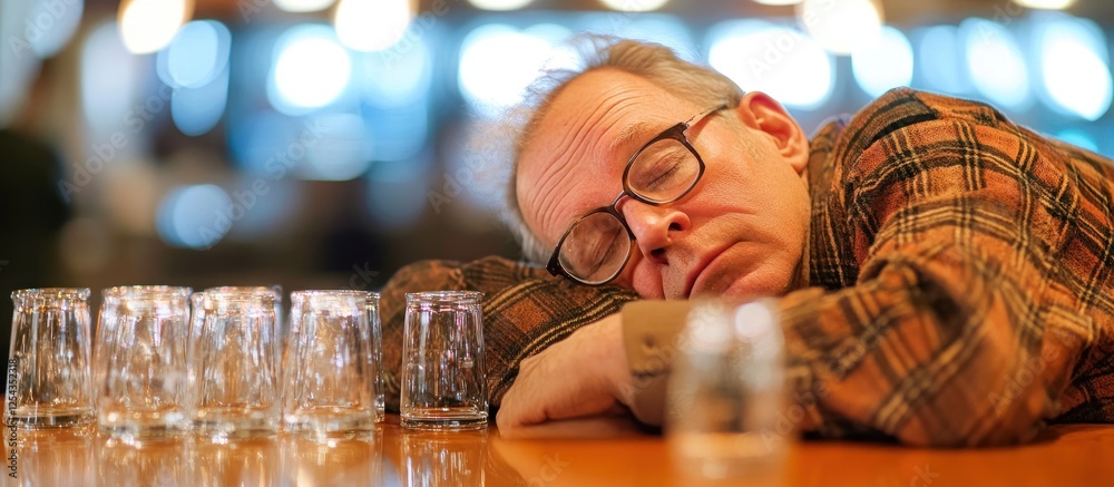 Obraz premium A Man Asleep on a Bar Counter After Drinking Too Much