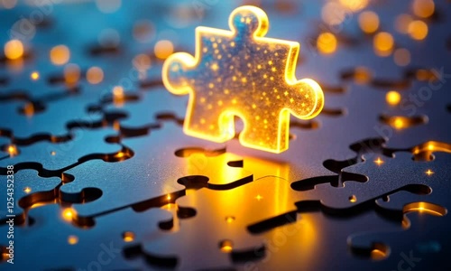 Glowing puzzle piece solution, abstract background, problem solving