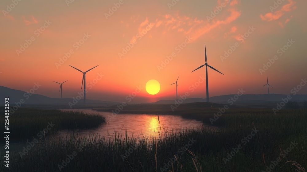 Obraz premium Harnessing the Breeze: Witness a captivating landscape where wind turbines stand tall against a fiery sunset, painting a vibrant picture of sustainable energy and environmental harmony. 