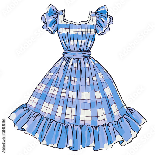 Blue and white checkered dress with ruffles illustration vintage fashion vector