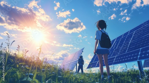 A New Dawn: A young woman, her back to the camera, gazes at the expansive field of solar panels with the sunrise creating a golden glow. Her expression is hopeful, suggesting a brighter.