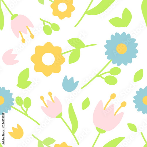 Flat seamless floral pattern with soft pastel flowers, leaves, and buds on a white background. Vector for packaging, textiles, and spring themes, easter
