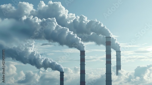 Industrial Smog. A powerful and evocative image of three tall smokestacks spewing thick plumes of smoke into a clear blue sky, symbolizing the environmental impact of industrial activity.