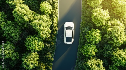 Car on Winding Road Through Forest: A white sedan navigates a winding road amidst lush green trees, with the warm glow of the sun illuminating the scene.