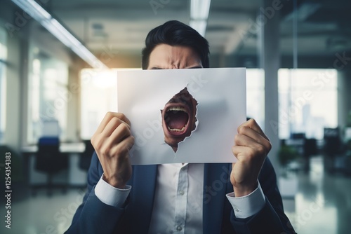 Frustration and Anger. A businessman's face contorted in rage,  shouting through a torn sheet of paper in a dramatic portrait exploring the raw emotions of frustration and anger.