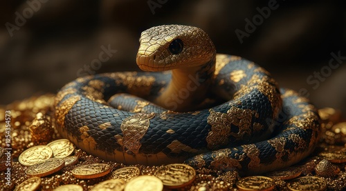 A snake coiled on a mound of gold coins, symbolizing wealth and allure.