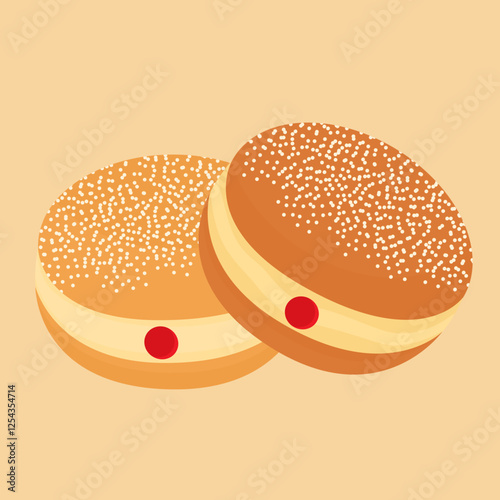 Bomboloni's illustration features two golden donuts with toppings and cream filling, perfect for menu visuals, branding or dessert themed artwork
