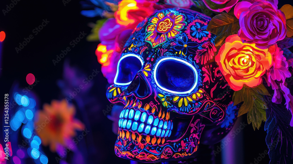 Vibrant Sugar Skull Adorned with Intricate Patterns and Colorful Flowers