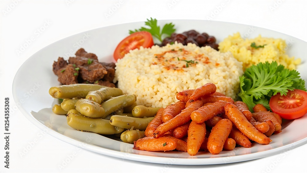 Delicious and Healthy Mediterranean Plate with Couscous, Roasted Carrots, Green Beans, and Beef Delicious and Healthy Mediterranean Plate with Couscous, Roasted Carrots, Green Beans, and Beef