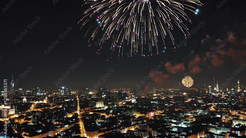 Aerial Night View of Cityscape with Fireworks Display Aerial Night View of Cityscape with Fireworks Display