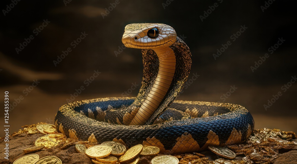 Fototapeta premium A snake coiled on a pile of gold coins, creating a mystical atmosphere.