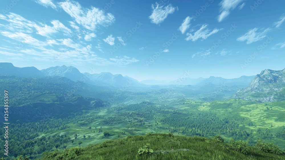 Obraz premium Serene Mountain Valley Landscape under a Sunny Sky
