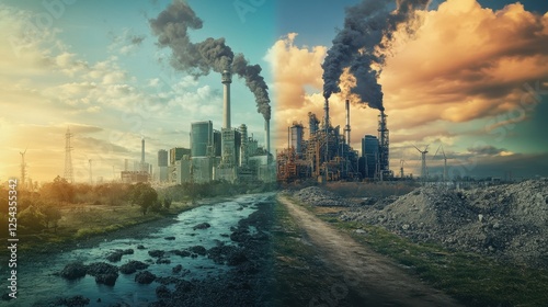Industrial Pollution vs. Nature: A stark contrast between a polluted industrial landscape spewing dark smoke and a pristine natural environment, symbolized by a clear stream.