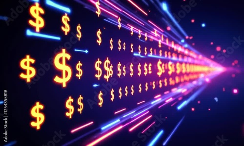 Fast money flow, digital finance, neon lights, abstract background, financial concept