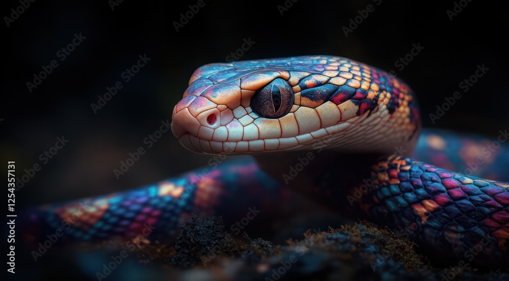 Obraz premium A colorful close-up of a snake with vibrant scales and detailed texture.