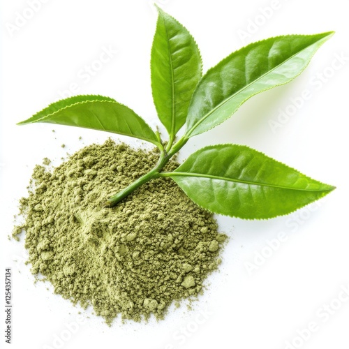 Matcha Green Tea Powder with Fresh Leaves