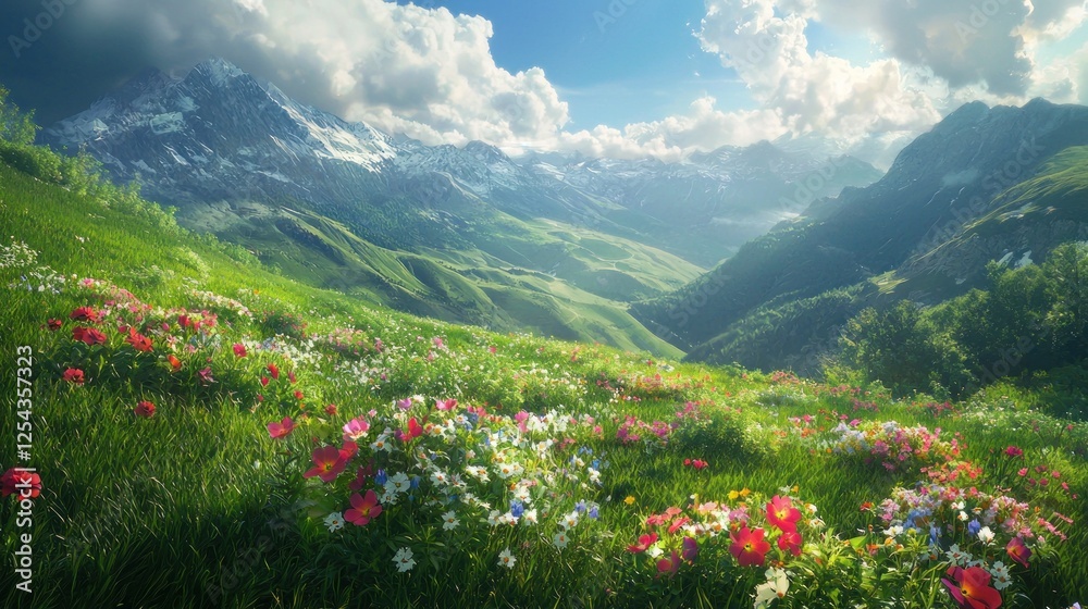 Alpine Meadow Panorama: A Breathtaking View of Blossoming Wildflowers Against Majestic Mountains Alpine Meadow Panorama: A Breathtaking View of Blossoming Wildflowers Against Majestic Mountains