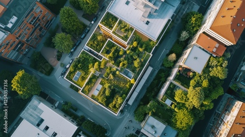 Urban Oasis: Aerial view of a city block featuring multiple green roofs and surrounding greenery, showcasing sustainable urban design and environmental consciousness. 