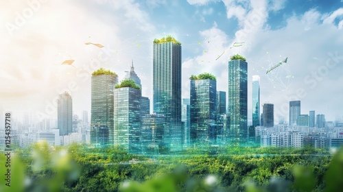 Eco-City Skyline: A futuristic cityscape merges seamlessly with nature, showcasing eco-friendly skyscrapers adorned with lush green rooftops, surrounded by vibrant greenery.