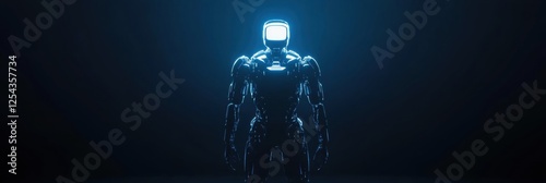 Glowing humanoid robot stands in a dark environment with minimalistic design and vibrant illumination. Generative AI
