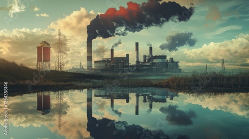 Industrial Landscape:  A somber reflection of industrial progress as smoke billows from the chimney of a factory, casting a dark shadow over the surrounding landscape.
