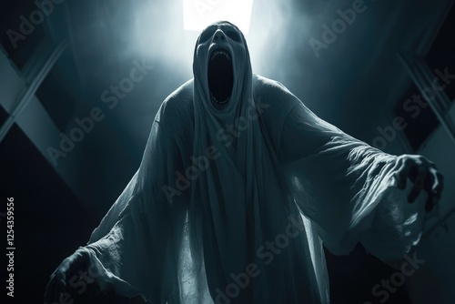 A terrifying ghostly figure screams in darkness