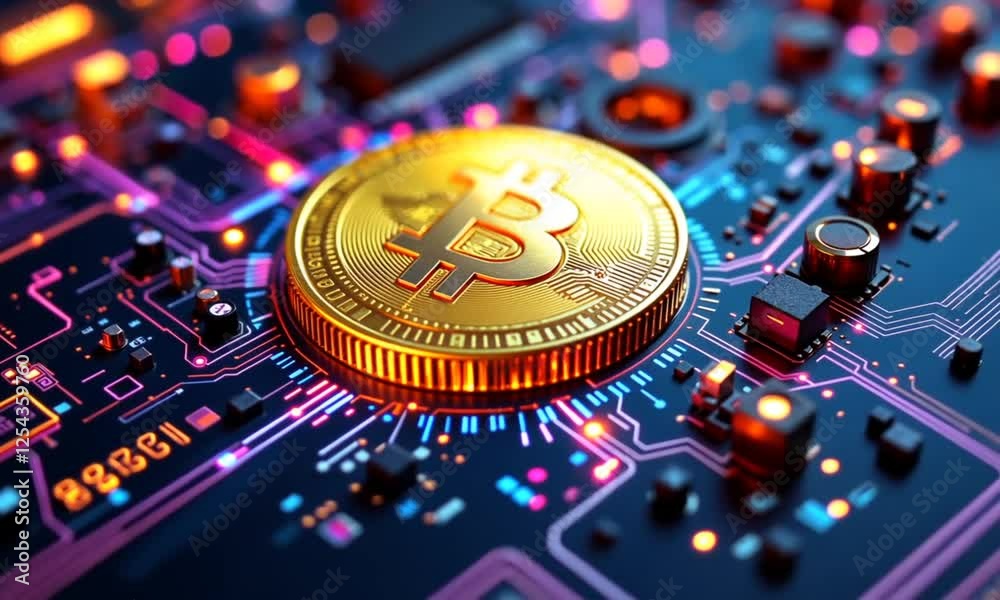Bitcoin on circuit board; digital currency, finance, technology background; website banner Bitcoin on circuit board; digital currency, finance, technology background; website banner