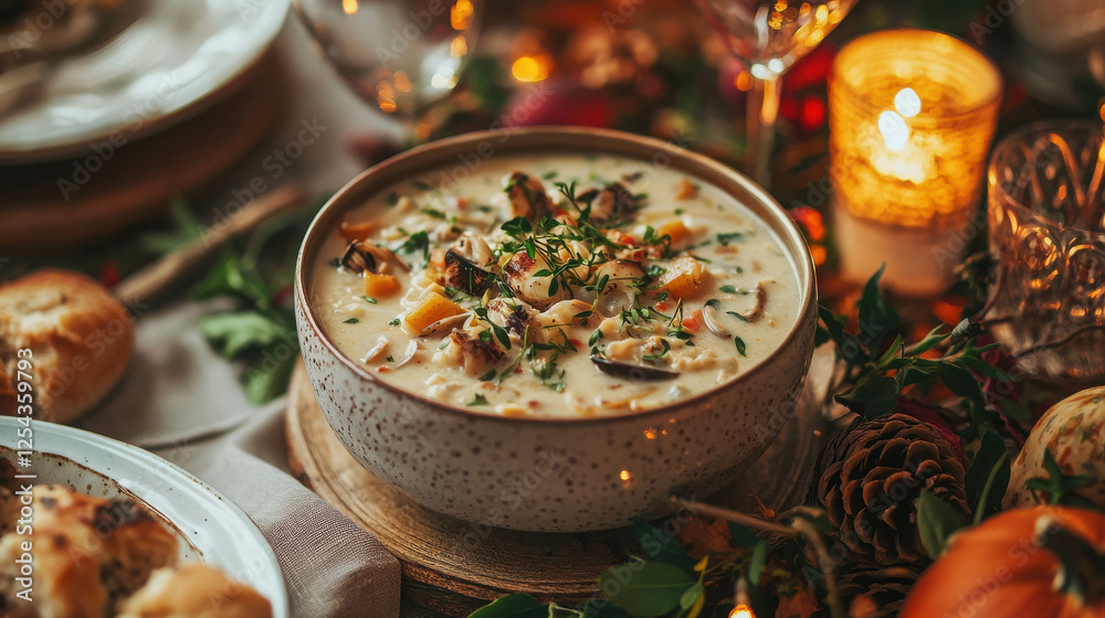 Warm Bowl of Creamy Clam Chowder Surrounded by Festive Autumn Decor and Candlelight Warm Bowl of Creamy Clam Chowder Surrounded by Festive Autumn Decor and Candlelight