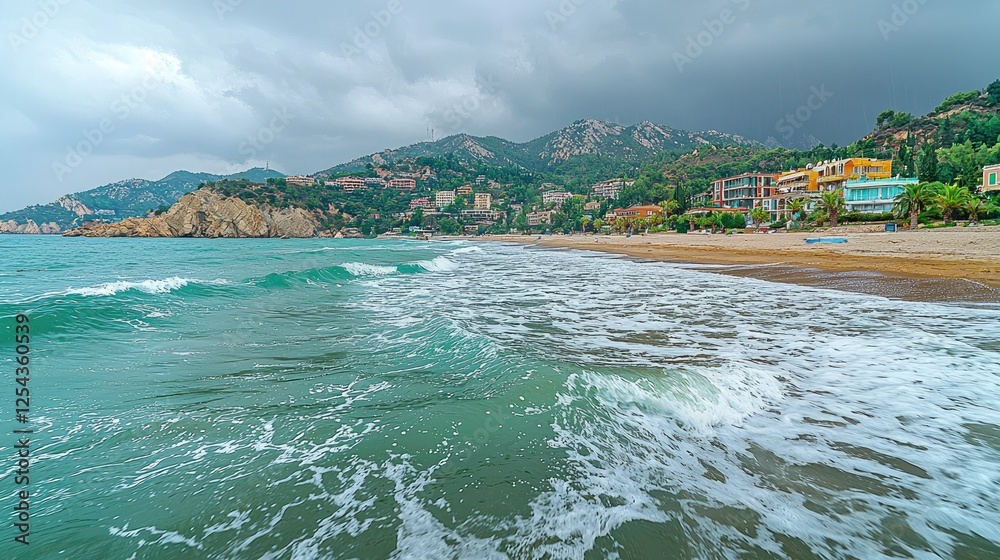 Fototapeta premium Coastal Buildings and Waves Under a Cloudy Sky