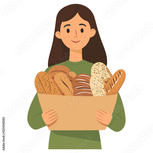 A woman holds a paper bag containing various types of bread illustration art assortment  vector