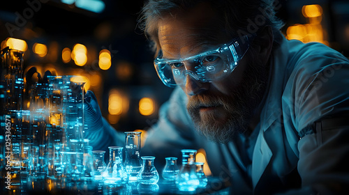 Wallpaper Mural Scientist examining glowing laboratory glassware amidst a vibrant research environment Torontodigital.ca