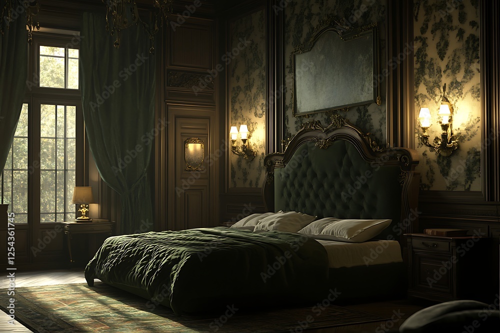 Fototapeta premium Sophisticated bedroom with dark furniture and artistic light fixtures
