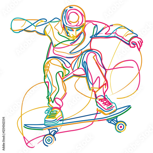 Line drawing pro skater player art skateboard colorful vector