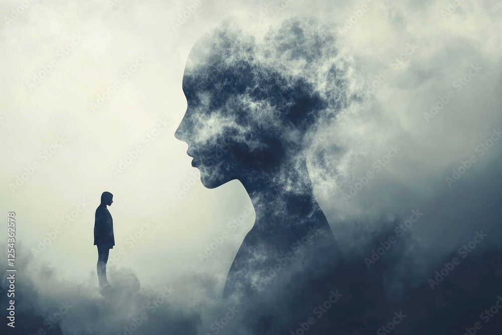 A solitary figure observes a large ethereal head A solitary figure observes a large ethereal head