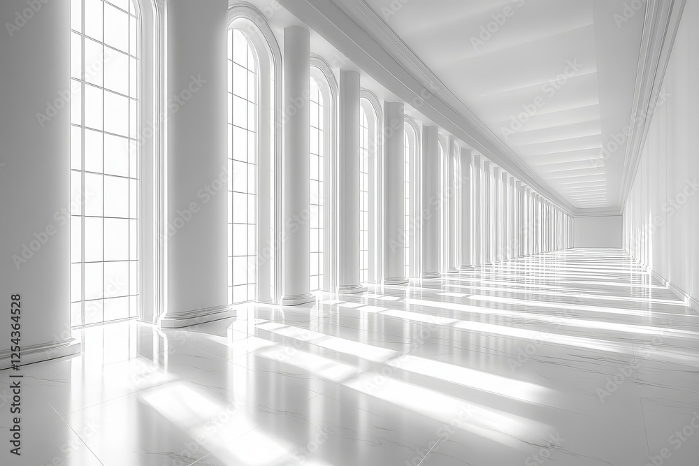 Fototapeta premium 3D render of an abstract white interior with light beams, vertical lines, and modern minimal design in a wide-angle view.
