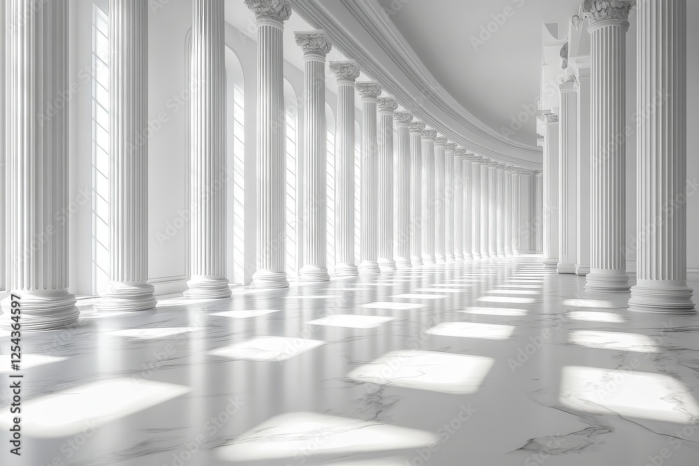 3D render of an abstract white interior with light beams, vertical lines, and modern minimal design in a wide-angle view. 3D render of an abstract white interior with light beams, vertical lines, and modern minimal design in a wide-angle view.
