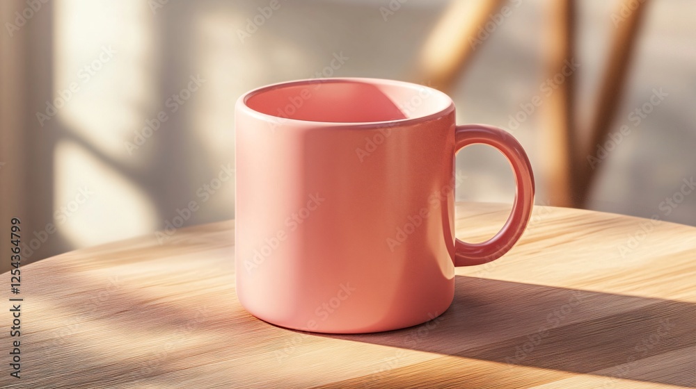 Pink Ceramic Mug on Wooden Table in Sunlight Pink Ceramic Mug on Wooden Table in Sunlight