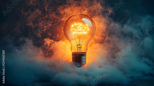 Illuminated light bulb glowing amidst swirling smoke and vibrant flames