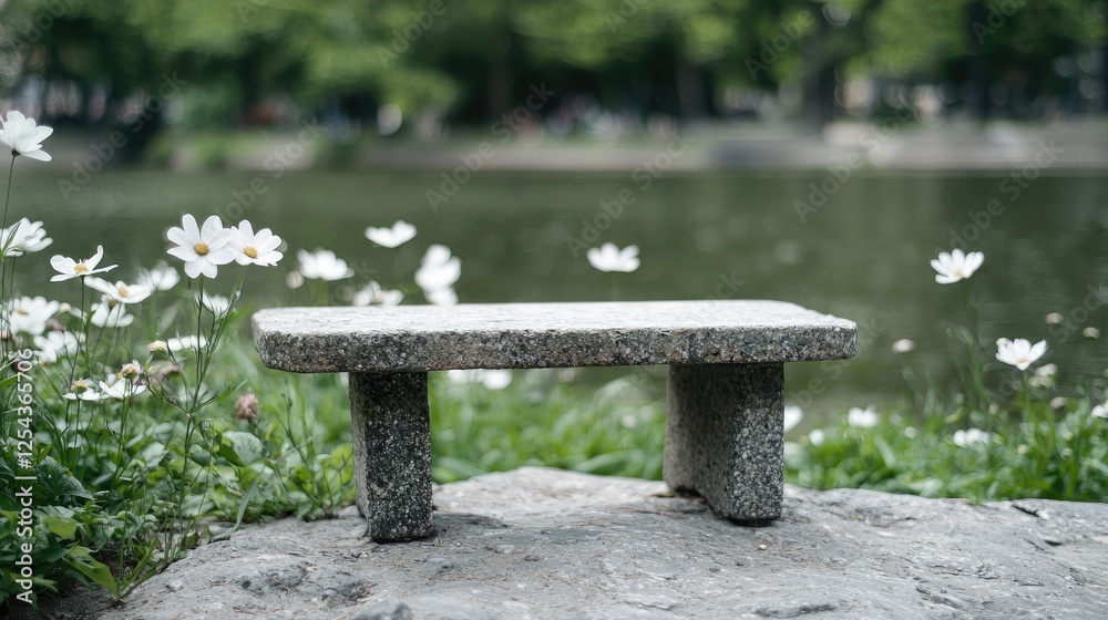 Park bench by a pond, serene nature scene, peaceful moment, suitable for relaxation or contemplation