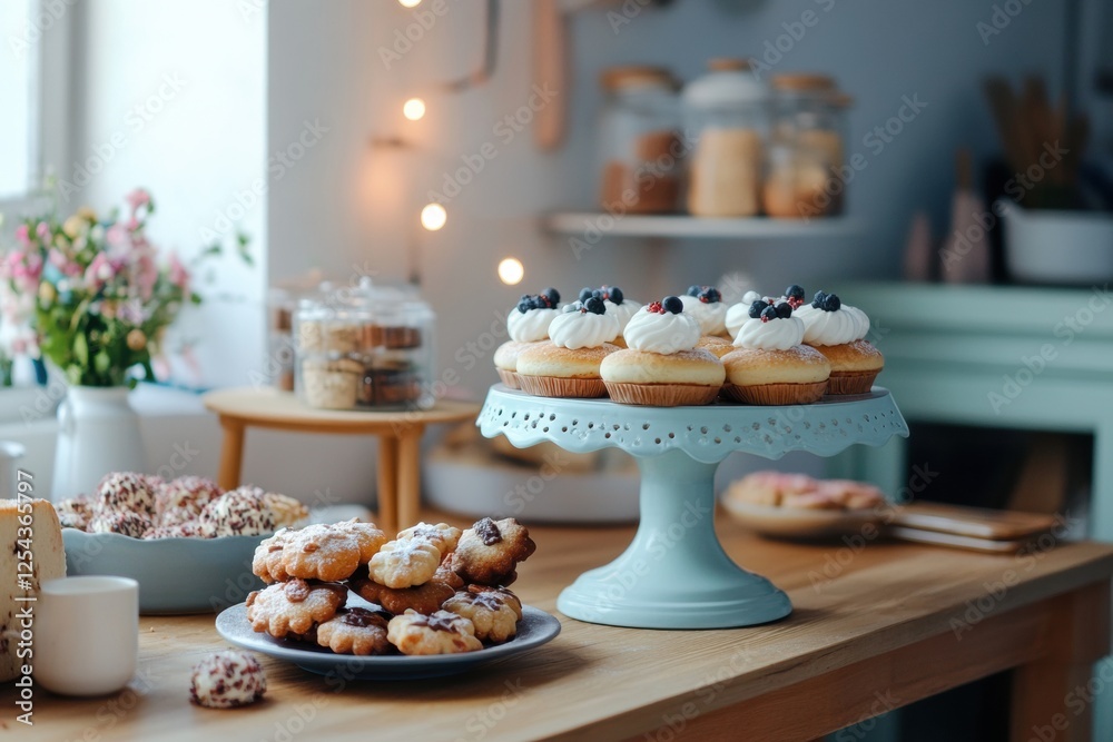 Naklejka premium Festive kitchen table adorned with fresh cookies and decorated cakes for a joyful gathering. Generative AI