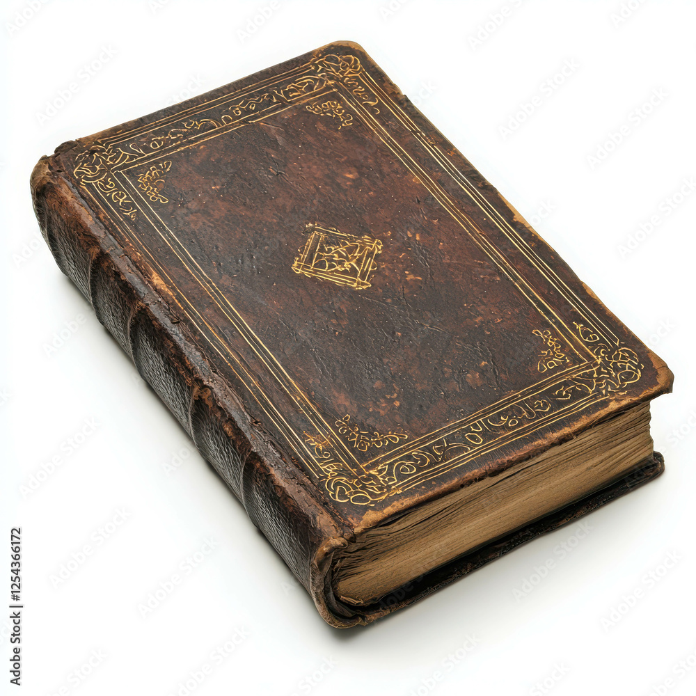 Worn Out Leather Bound Book with Intricate Gold Embellishments and Rich Texture Worn Out Leather Bound Book with Intricate Gold Embellishments and Rich Texture