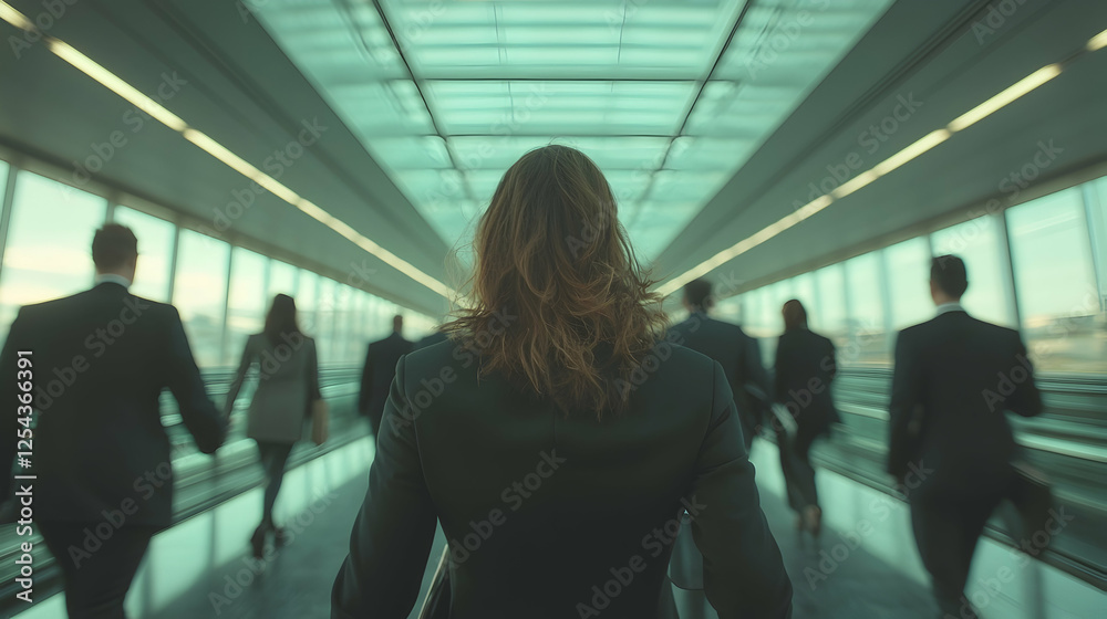 Obraz premium Businesspeople walking modern hallway, city view