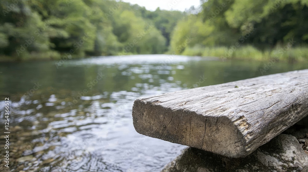 Fototapeta premium Rustic wooden plank by a tranquil river, forest background, serene nature scene, potential use for wallpaper, desktop backgrounds