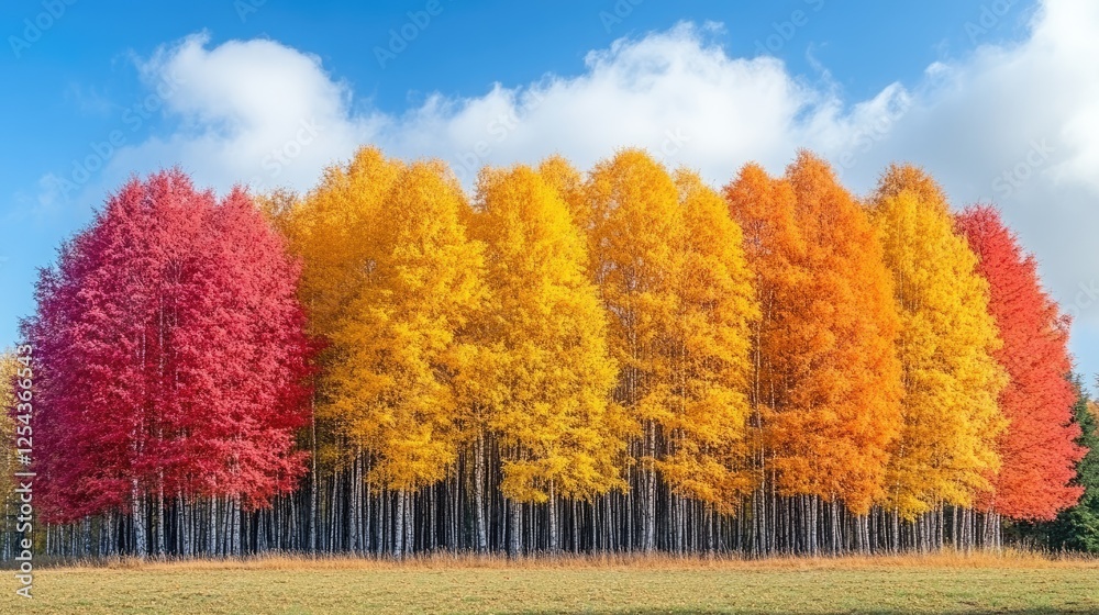 Vibrant autumn forest showcasing a stunning array of colorful trees under a blue sky Vibrant autumn forest showcasing a stunning array of colorful trees under a blue sky