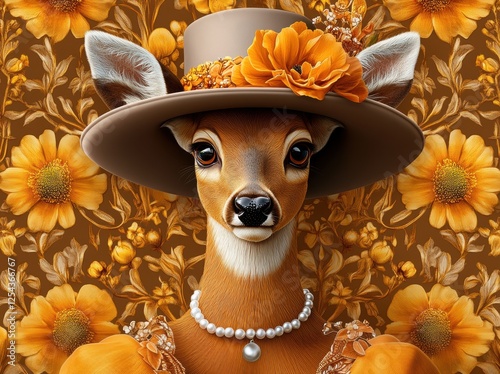An elegant deer adorned with flowers and jewelry against a vibrant backdrop.