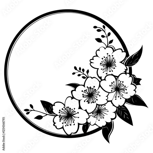 Linear cherry blossom flowers ring art illustration black vector