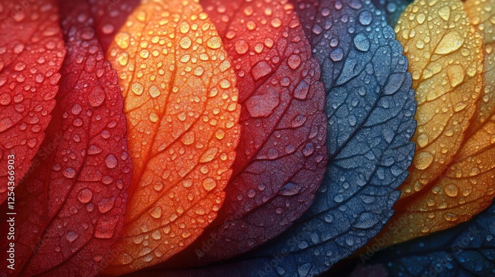 Fototapeta premium Vibrant close-up of colorful leaves with water droplets, showcasing nature's beauty and detail