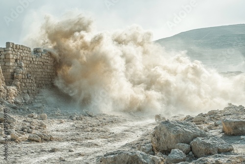 Powerful ocean wave crashing against rocks during storm photo