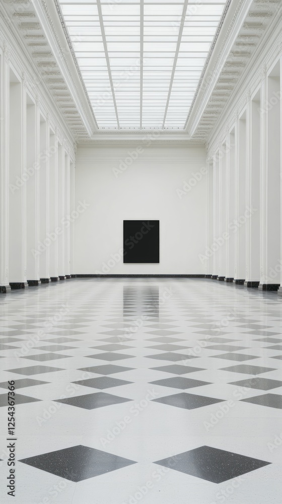 Obraz premium Minimalist Art Gallery Interior with Geometric Floor and Black Square Painting Under Skylight Ceiling